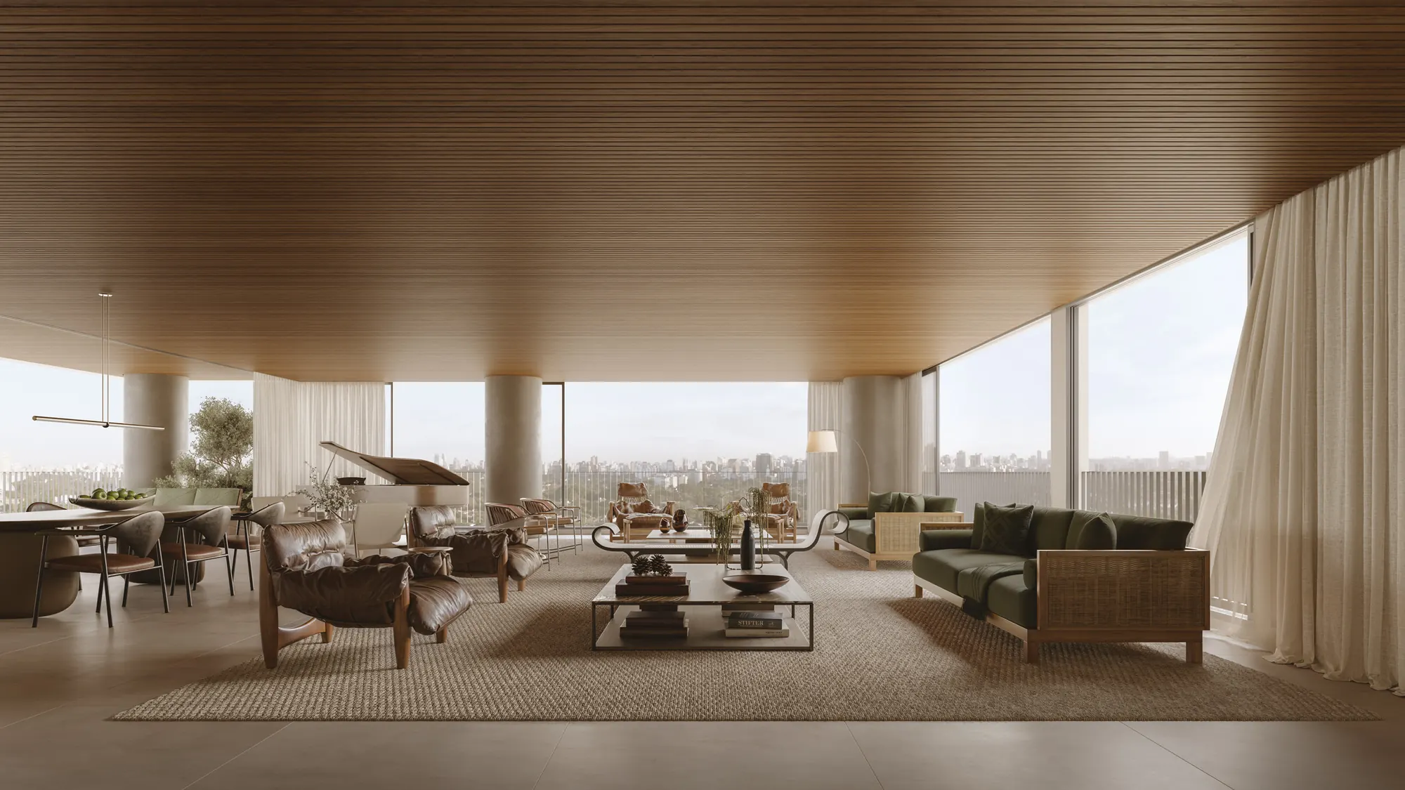 Perspectiva ilustrada do living do apartamento de 342 m²