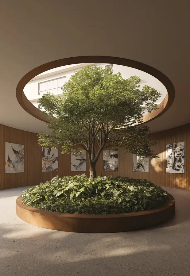 Perspectiva ilustrada do outdoor lobby com árvore central