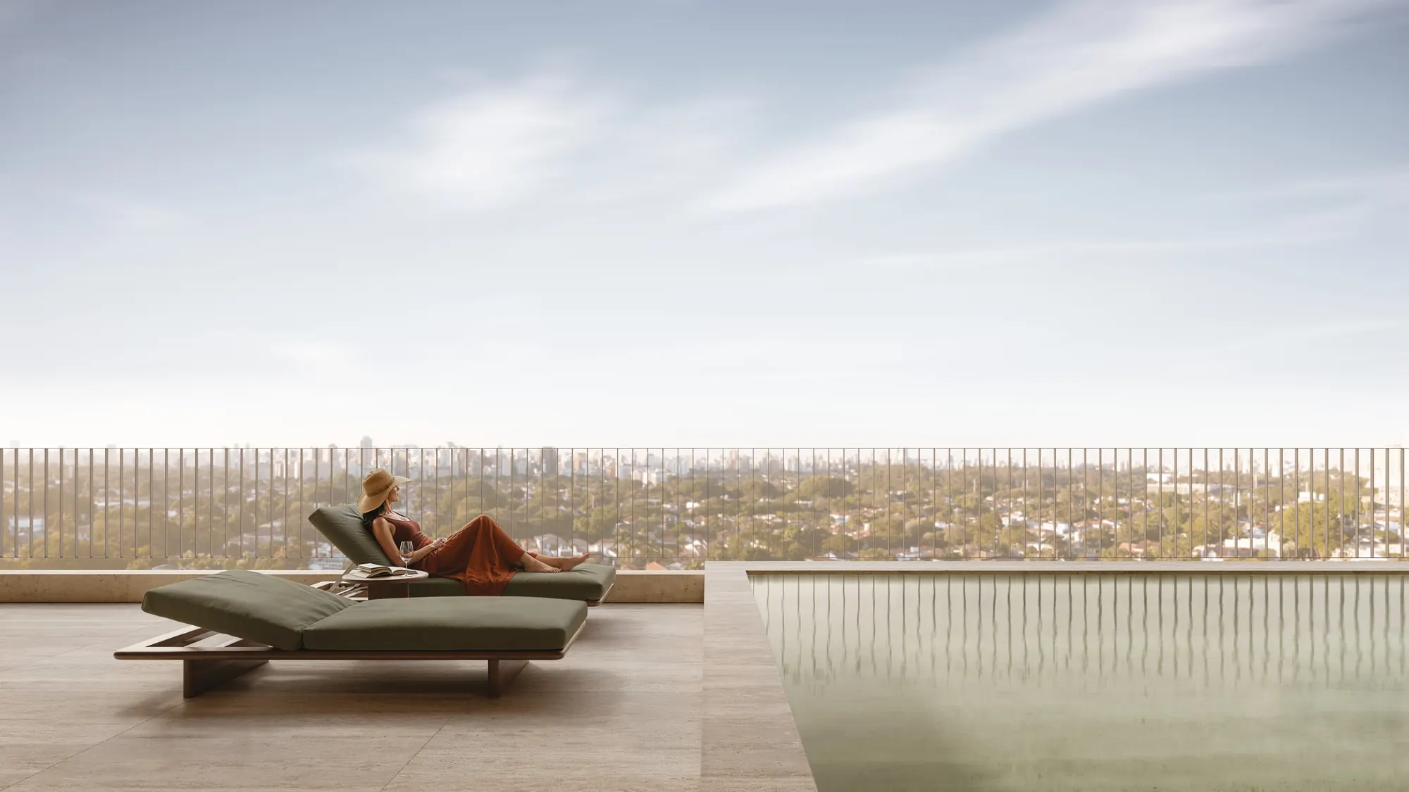 Perspectiva ilustrada da piscina privativa do apartamento duplex de 231 m²